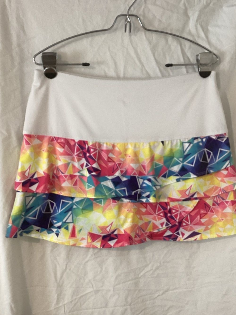 Lucky in Love White Skort with Multicolor Geometric Ruffle